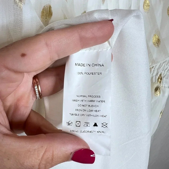 C+D+M Collection White Gold Polka Dot Off The Shoulder Smocked Waist Dress Sz. S - Picture 10 of 10